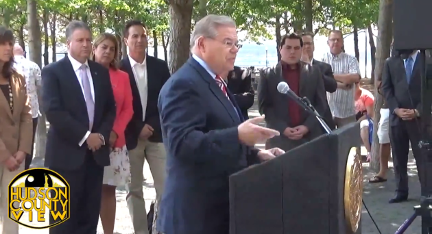 U.S. Sen. Bob Menendez (D-NJ) and various Hudson County officials gathered in Hoboken to call for a bi-state ban on tourist helicopters on August 8, 2014. 