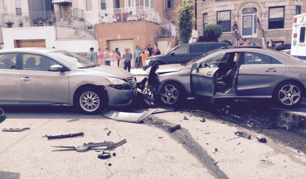 Photo of the crash in front of Charrito's in Weehawken via Twitter user atlatlone.