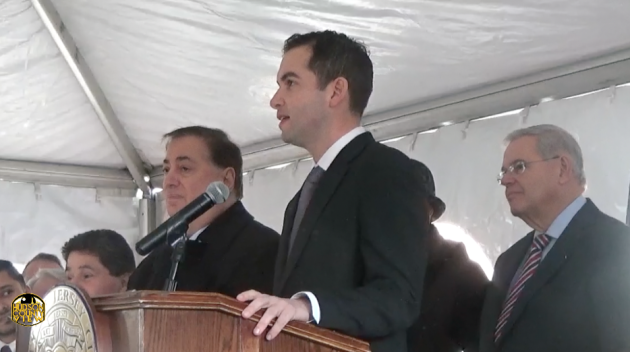 Jersey City Mayor Steven Fulop joins other Hudson County Democrats at a January 5, 2015 press conference urging the Port Authority not to cut PATH service.