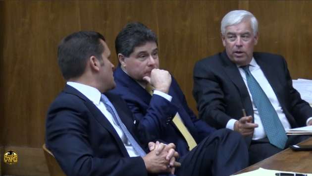 Left to right: Attorney Christopher Adams, West New York Mayor Felix Roque, Attorney John MacDonald. 