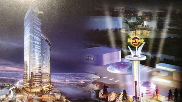 Artists renderings of what North Jersey casinos could potentially look like in Jersey City (left) and the Meadowlands. Photo via Our Turn NJ mailer. 