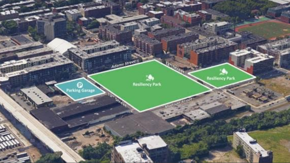 A rendering showing where the Northwest Resiliency Park will be built in Hoboken. Photo courtesy of the City of Hoboken. 