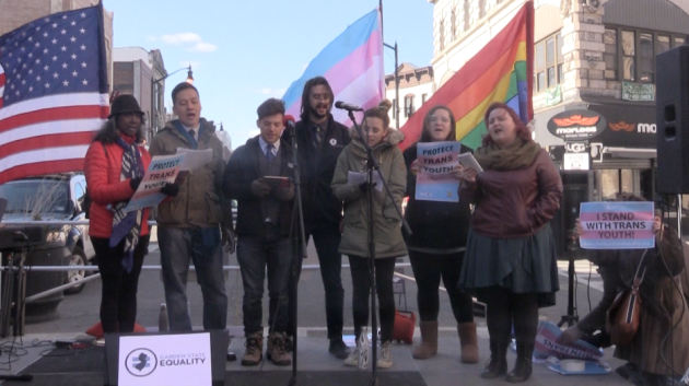 A choir performs at an LGBTQ rally in Jersey City last month after President Donald Trump revoked transgender bathroom rules.