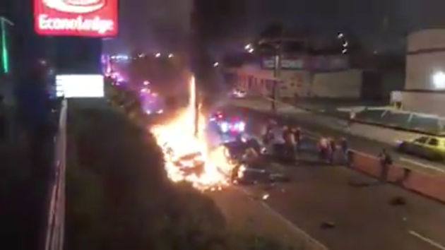 A police chase ended in a fiery car crash in Jersey City last night. Screenshot via YouTube by user "0and2pressure." 