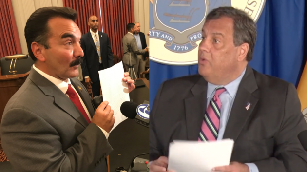 Assembly Speaker Vincent Prieto (D-32, left) and Gov. Chris Christie (R) continue to battle in Trenton over the budget. Photos via Twitter, YouTube.