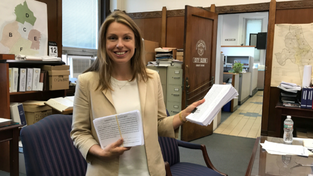 Jersey City Ward E council candidate Rebecca Symes was the first candidate to file petitions for nomination today. Photo courtesy of the Symes campaign. 