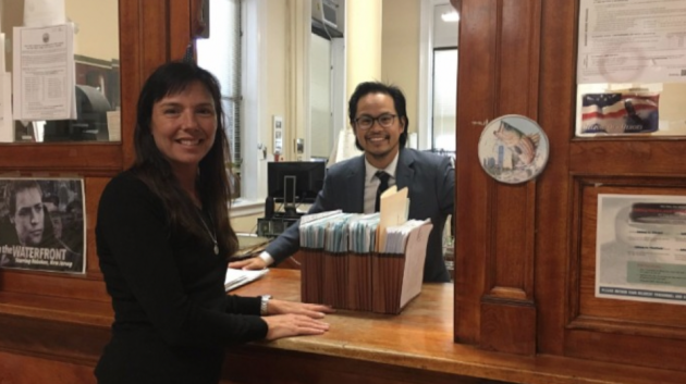 Hoboken Council President Jen Giattino submitting 1,759 petitions to the city clerk's office on behalf of her entire ticket. Photo courtesy of the Giattino campaign. 