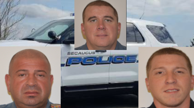 Three Secaucus Police Officers George Sikaffy (left), Jude Masullo and Michael Bronowich (right) saved a two-year-old infant from drowning early this morning. Photos courtesy of Secaucus police. 