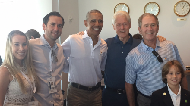 Presidents Barack Obama, Bill Clinton and George W. Bush joined Jaclyn and Mayor Steven Fulop in Jersey City for the Presidents Cup tee off earlier today. Twitter photo. 