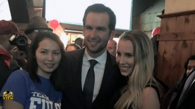 Jersey City Mayor Steven Fulop, seen here with his wife Jaclyn (right) and a campaign volunteer at his victory party, had no problem getting re-election - but the city council remains up in the air. 