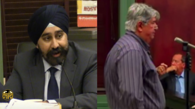 Hoboken Mayor Ravi Bhalla (left) is still fighting an ethics complaint filed by longtime antagonist Perry Belifiore over a council vote that occurred nearly eight years ago. Belifiore screenshot via Ustream. 