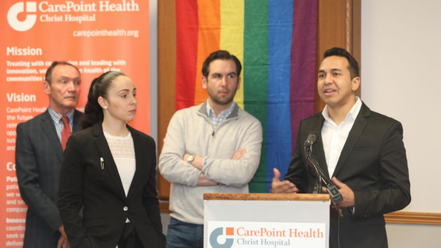 From left to right: Assemblyman Tim Eustace (D-38), Hudson Pride COO Elizabeth Schedl, Jersey City Mayor Steven Fulop and Hudson Pride CEO Michael Billy. Photos via Jennifer Brown of CarePoint Health. 