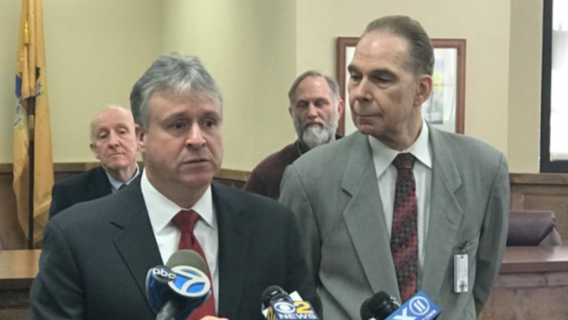 Bayonne Mayor Jimmy Davis (left) and Interim Superintendent of Schools Dr. Michael Wanko during a press conference at Bayonne High School this morning. Twitter photo. 