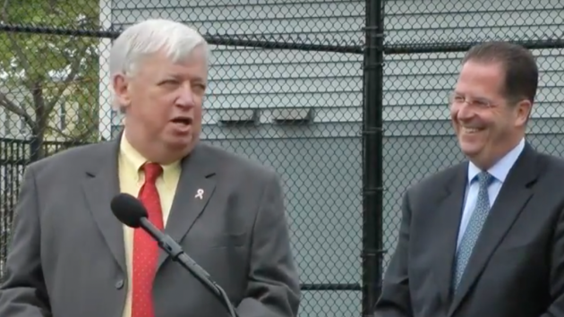 Hudson County Executive Tom DeGise (left) receiving the endorsement of state Senator (D-33)/Union City Mayor Brian Stack in May 2014. Screenshot via YouTube. 