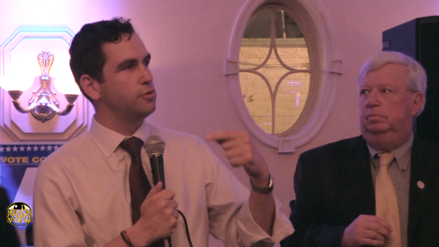 Jersey City Mayor Steven Fulop (left) with Hudson County Executive Tom DeGise at a Hudson County Democratic Organization victory party in June 2015.