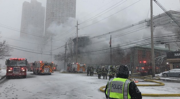 First responders battling a four-alarm fire at the North Bergen Municipal Utilities Authority this morning. Photo via North Bergen Police Department Twitter.