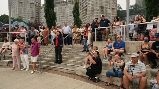 North Bergen residents gather at Waterfront Park for the inaugural Summer on the River celebration with Hudson River views in background