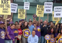 32BJ workers rally outside KRE Group HQ in Jersey City demanding a fair contract