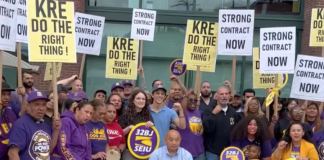 32BJ workers rally outside KRE Group HQ in Jersey City demanding a fair contract
